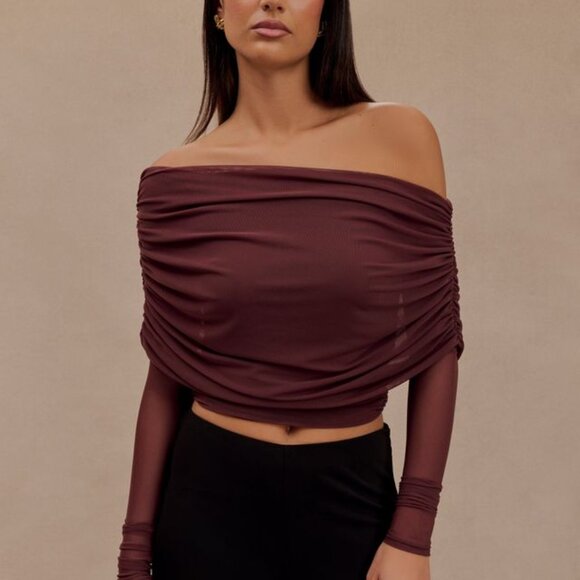 Everly Sheer Mesh Off Shoulder Top - Mahogany - Picture 5 of 8